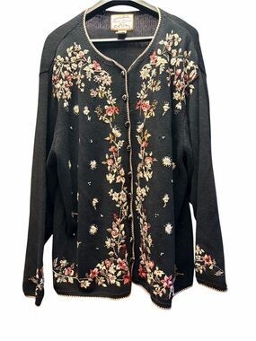 Vintage Heirloom Collectibles Embroidered Cotton Cardigan Sweater Black Plus Sz
